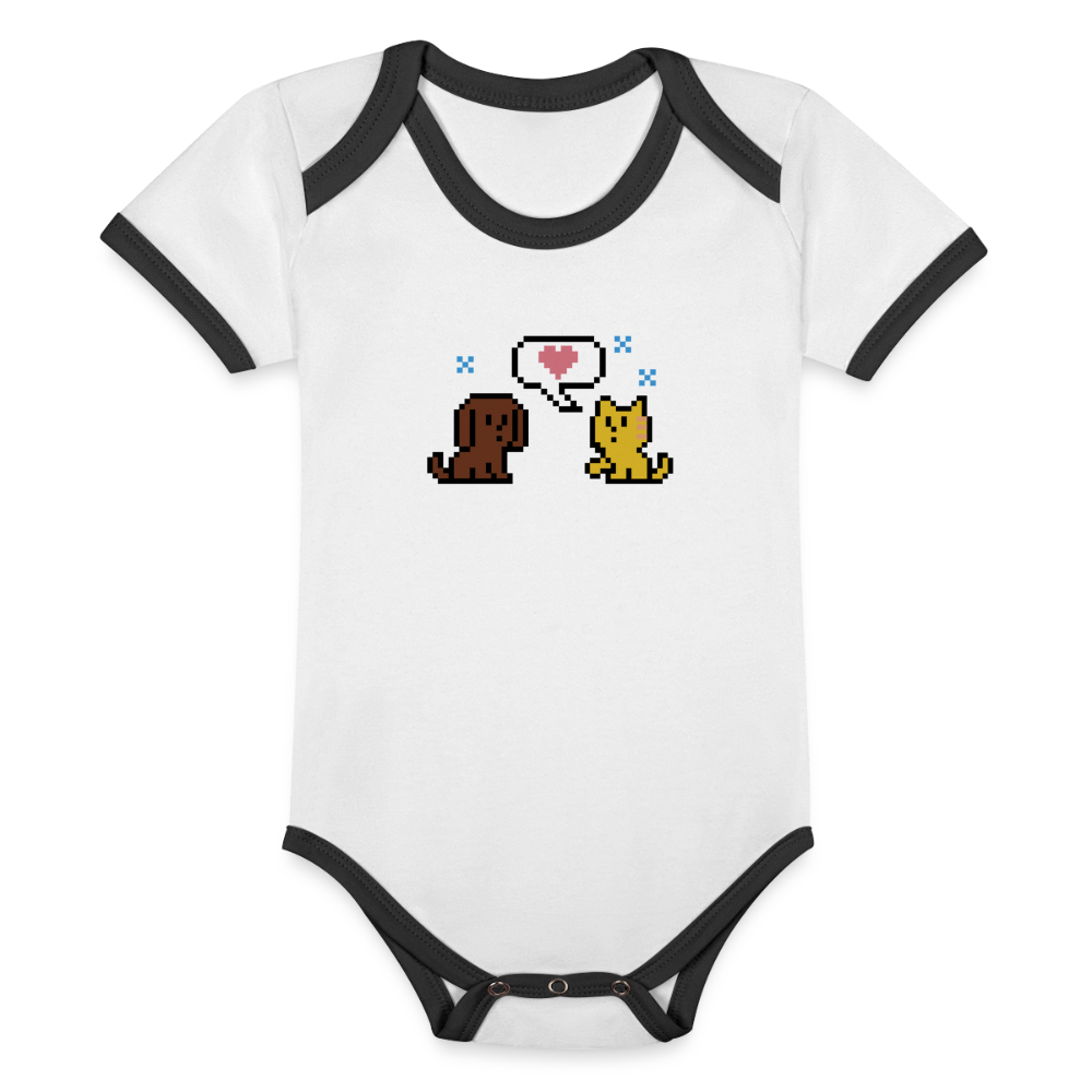 8-Bit Dog & Cat Organic Contrast Short Sleeve Baby Bodysuit - white/black