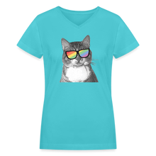 Load image into Gallery viewer, Pride Cat Contoured V-Neck T-Shirt - aqua