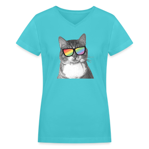 Pride Cat Contoured V-Neck T-Shirt - aqua