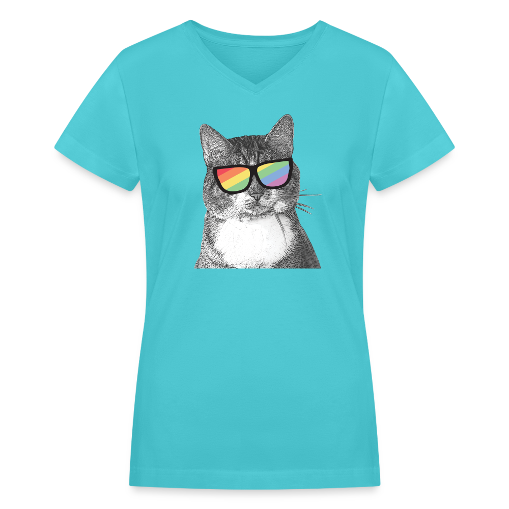 Pride Cat Contoured V-Neck T-Shirt - aqua