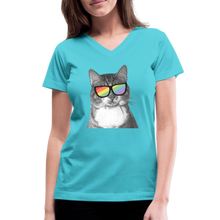 Load image into Gallery viewer, Pride Cat Contoured V-Neck T-Shirt - aqua