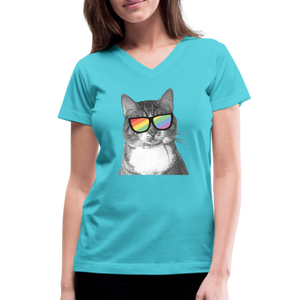 Pride Cat Contoured V-Neck T-Shirt - aqua