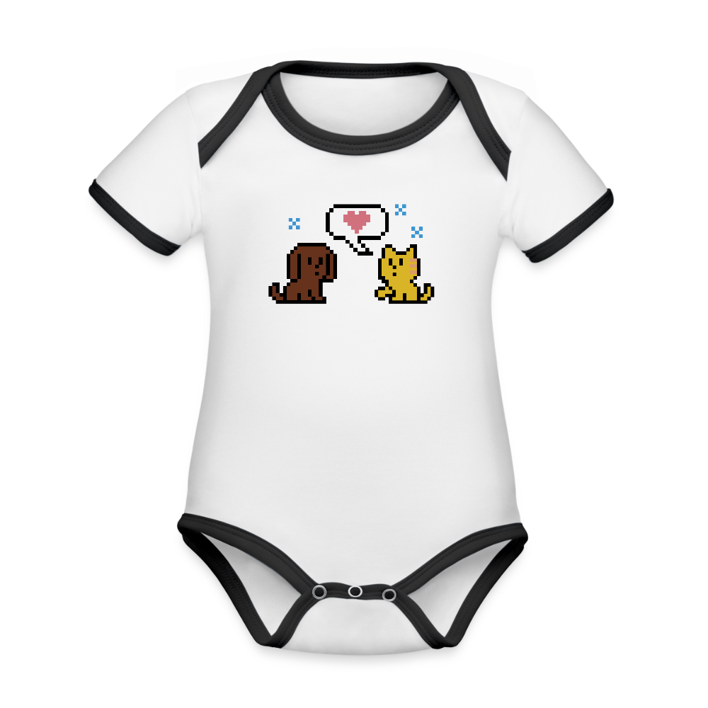 8-Bit Dog & Cat Organic Contrast Short Sleeve Baby Bodysuit - white/black