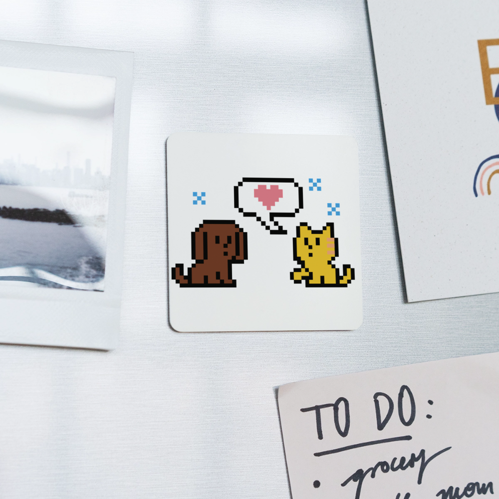 8-Bit Dog & Cat Square Magnet - white