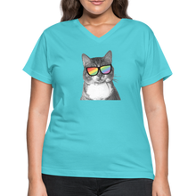 Load image into Gallery viewer, Pride Cat Contoured V-Neck T-Shirt - aqua