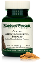Load image into Gallery viewer, A bottle of Canine Musculoskeletal Support, a powder supplement for dogs’ muscles, ligaments and bone health, next to an image of the powder supplement.