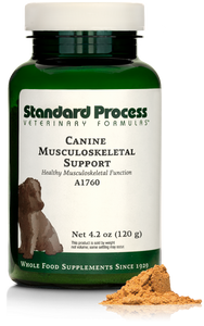 A bottle of Canine Musculoskeletal Support, a powder supplement for dogs’ muscles, ligaments and bone health, next to an image of the powder supplement.