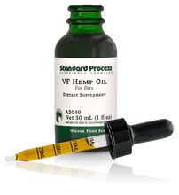 Load image into Gallery viewer, Image of a bottle of liquid VF Hemp Oil from Standard Process Veterinary Formulas next to a dropper that is included with the bottle.