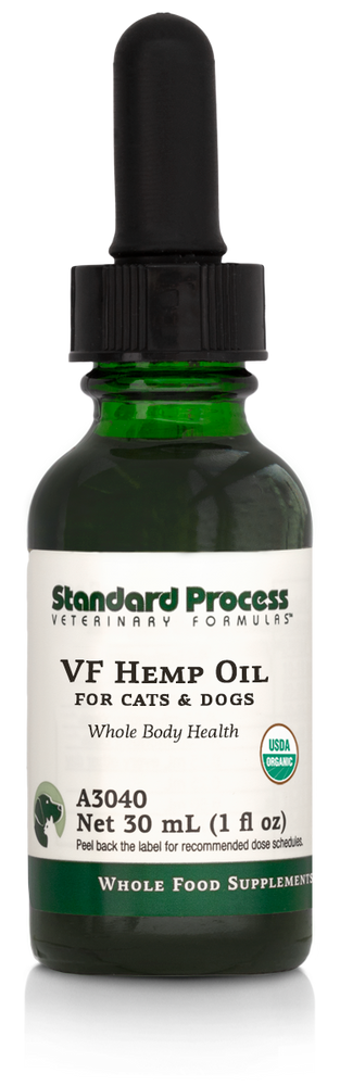 Image of a bottle of liquid VF Hemp Oil from Standard Process Veterinary Formulas next to a dropper that is included with the bottle.