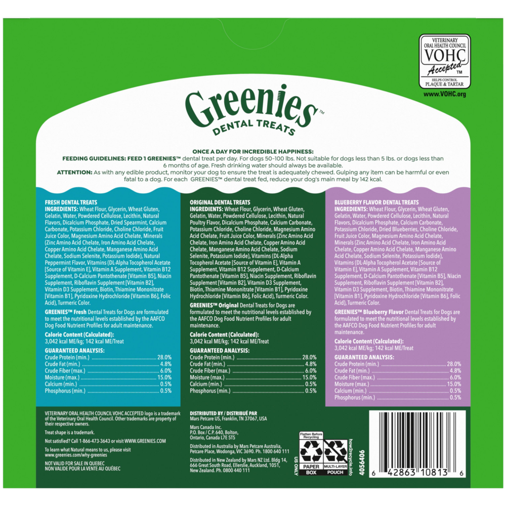 Greenies Large Dental Chews Flavored with Spearmint and Blueberry Dog Treat