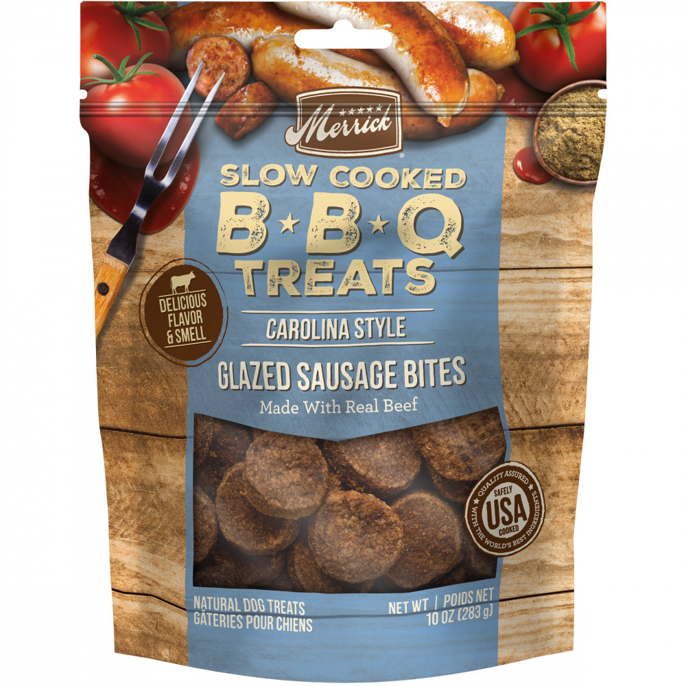 
                  
                    Merrick Slow Cooked BBQ Beef Carolina Style Glazed Sausage Bites Jerky Dog Treats
                  
                