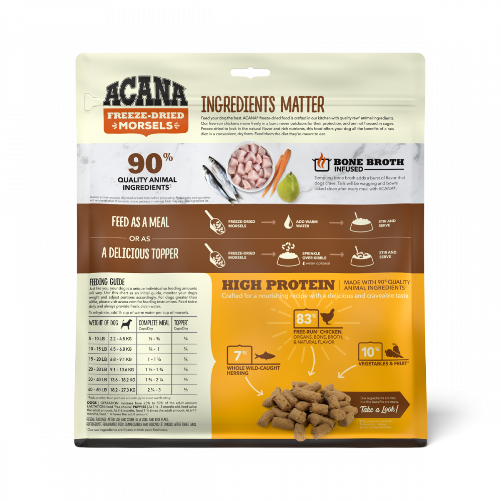 
                  
                    ACANA Freeze Dried Dog Food & Topper, Grain Free, High Protein,  Fresh & Raw Animal Ingredients, Free Run Chicken Recipe, Morsels
                  
                