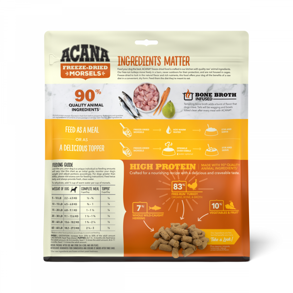 
                  
                    ACANA Freeze Dried Dog Food & Topper, Grain Free, High Protein,  Fresh & Raw Animal Ingredients, Free-Run Turkey Recipe, Morsels
                  
                