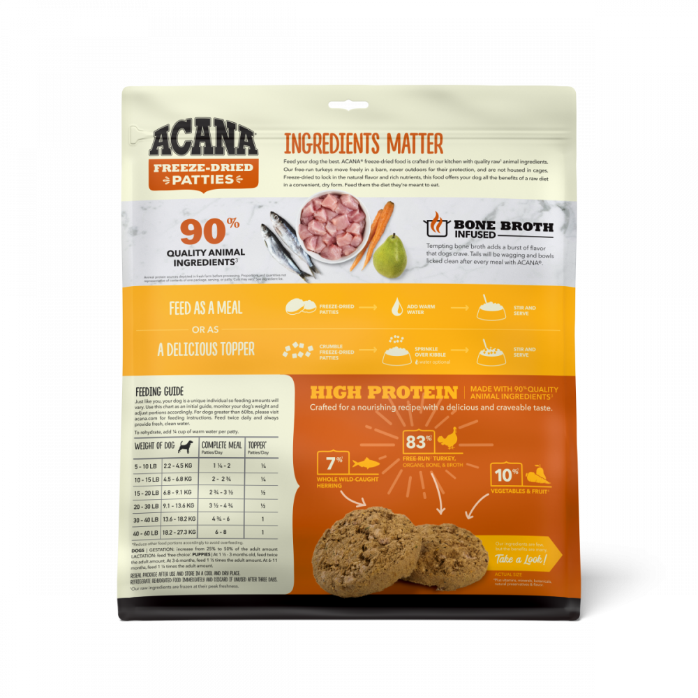 
                  
                    ACANA Freeze Dried Dog Food & Topper, Grain Free, High Protein,  Fresh & Raw Animal Ingredients, Free-Run Turkey Recipe, Patties
                  
                