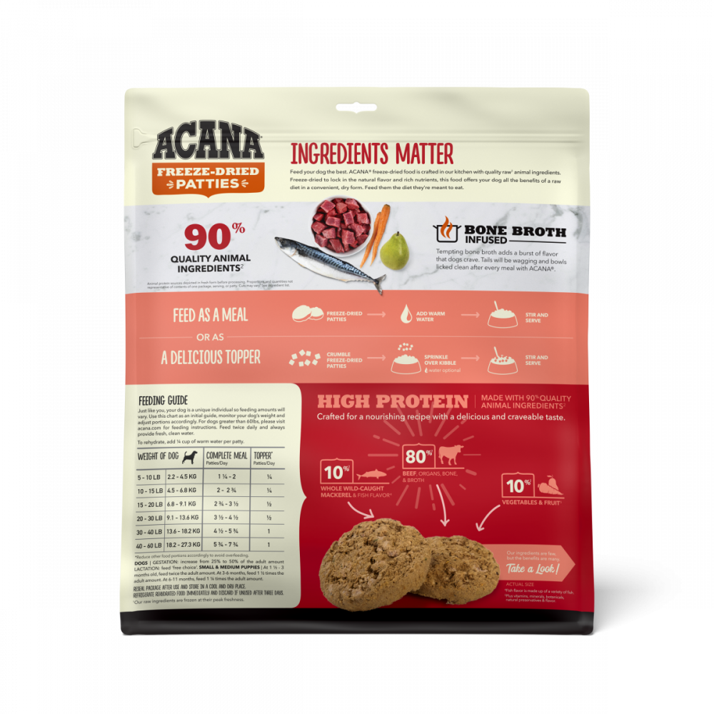 
                  
                    ACANA Freeze Dried Dog Food & Topper, Grain Free, High Protein,  Fresh & Raw Animal Ingredients, Ranch Raised Beef Recipe, Patties
                  
                