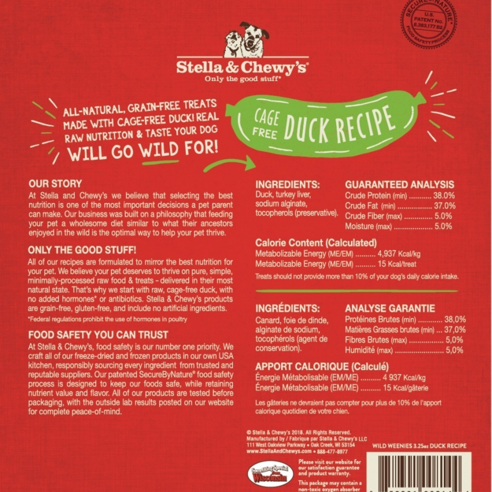 Stella & Chewy's Wild Weenies Grain Free Duck Recipe Freeze Dried Raw Dog Treats