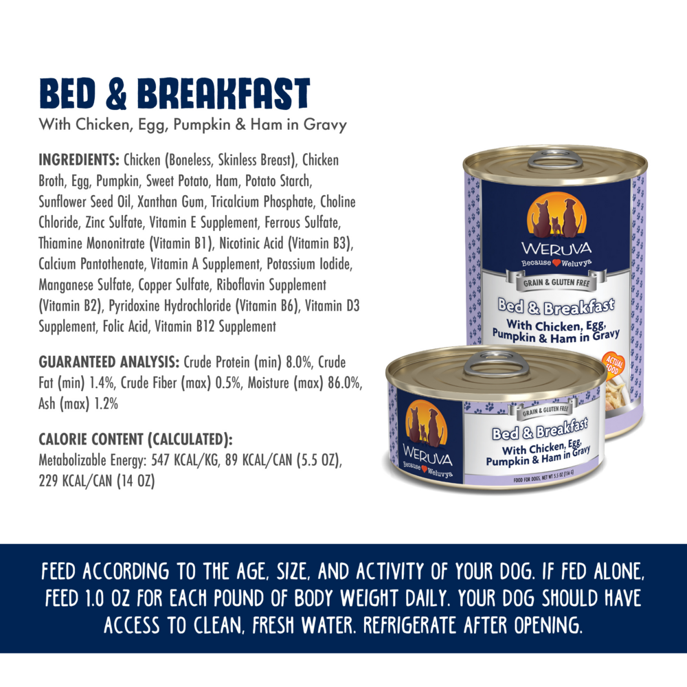 
                  
                    Weruva Bed & Breakfast with Chicken, Egg, Pumpkin & Ham in Gravy Canned Dog Food
                  
                