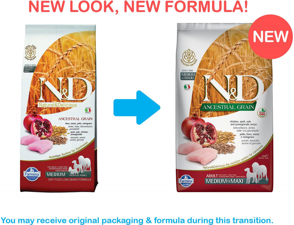 
                  
                    Farmina N&D Natural and Delicious Ancestral Grain Medium & Maxi Chicken & Pomegranate Adult Dry Dog Food
                  
                