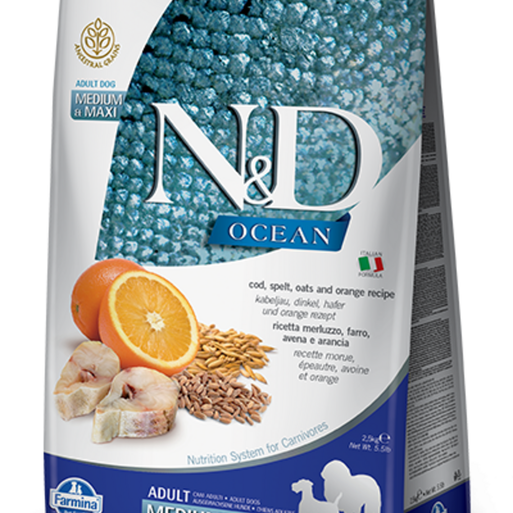 
                  
                    Farmina Ocean N&D Natural & Delicious Medium & Maxi Adult Cod, Spelt, Oats & Orange Dry Dog Food
                  
                