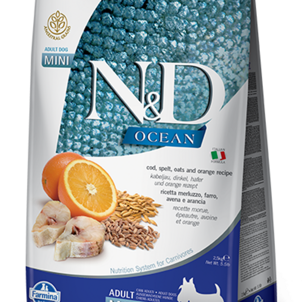 
                  
                    Farmina Ocean N&D Natural & Delicious Ancestral Grain Mini Adult Cod, Spelt, Oats & Orange Dry Dog Food
                  
                