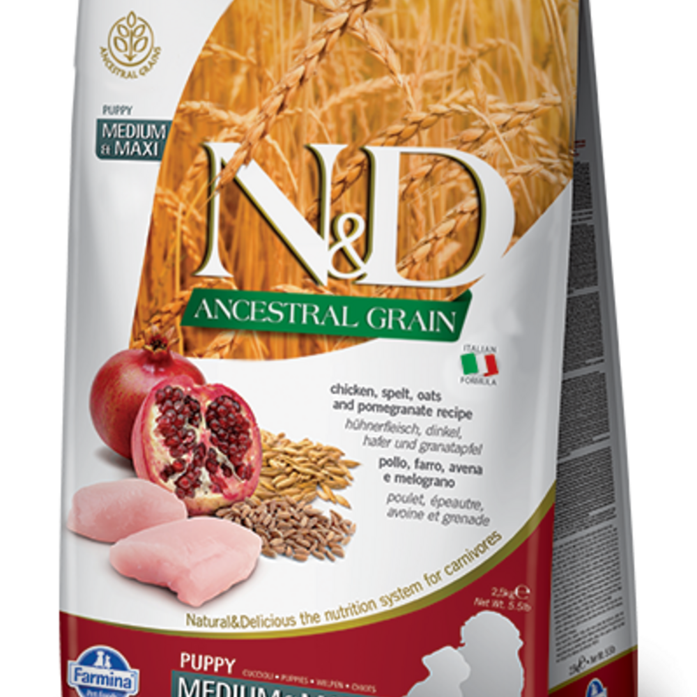 Farmina N&D Natural & Delicious Ancestral Grain Medium & Maxi Puppy Chicken & Pomegranate Dry Dog Food