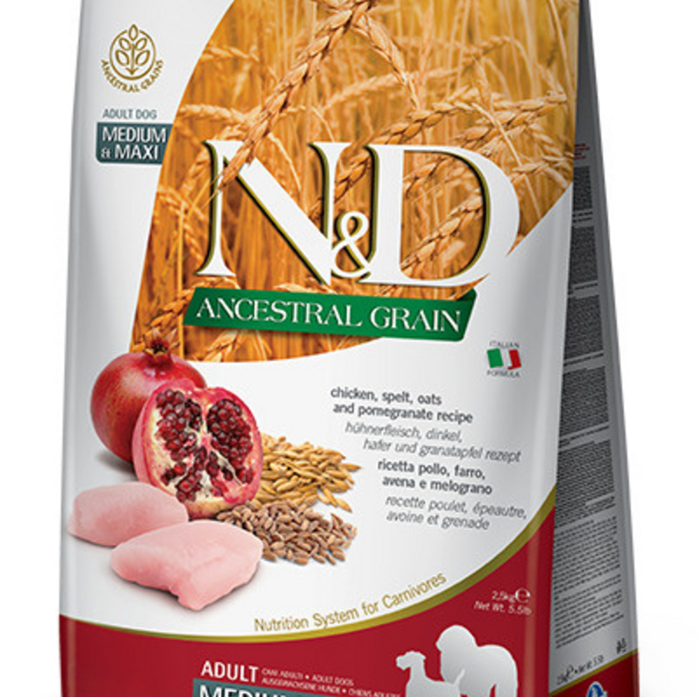 Farmina N&D Natural & Delicious Ancestral Grain Chicken & Pomegranate Medium & Maxi Adult Light Dry Dog Food