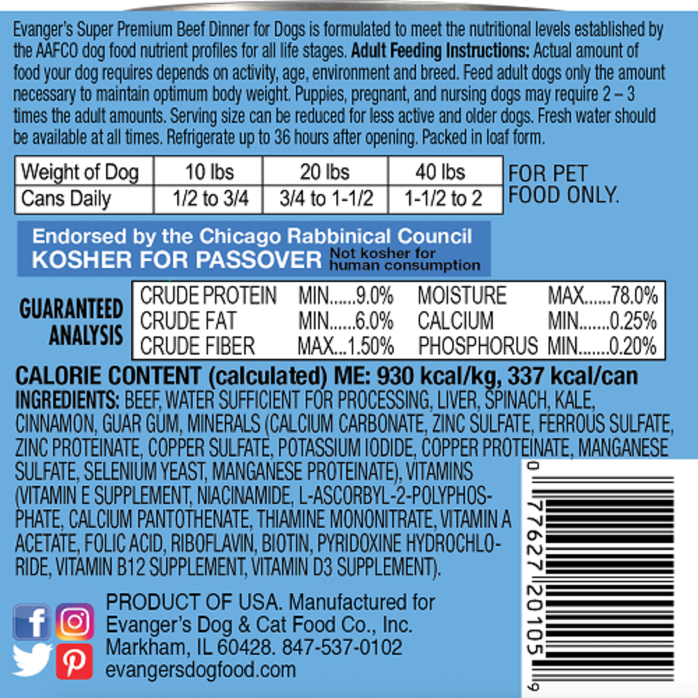 Evanger's Super Premium Beef Dinner Canned Dog Food