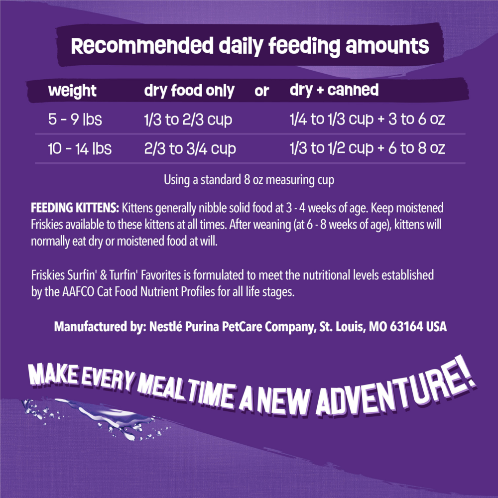 
                  
                    Purina Friskies Cat Food Surfin and Turfin Favorites Flavors of Chicken, Whitefish, Salmon and Filet Mignon Dry Cat Food
                  
                