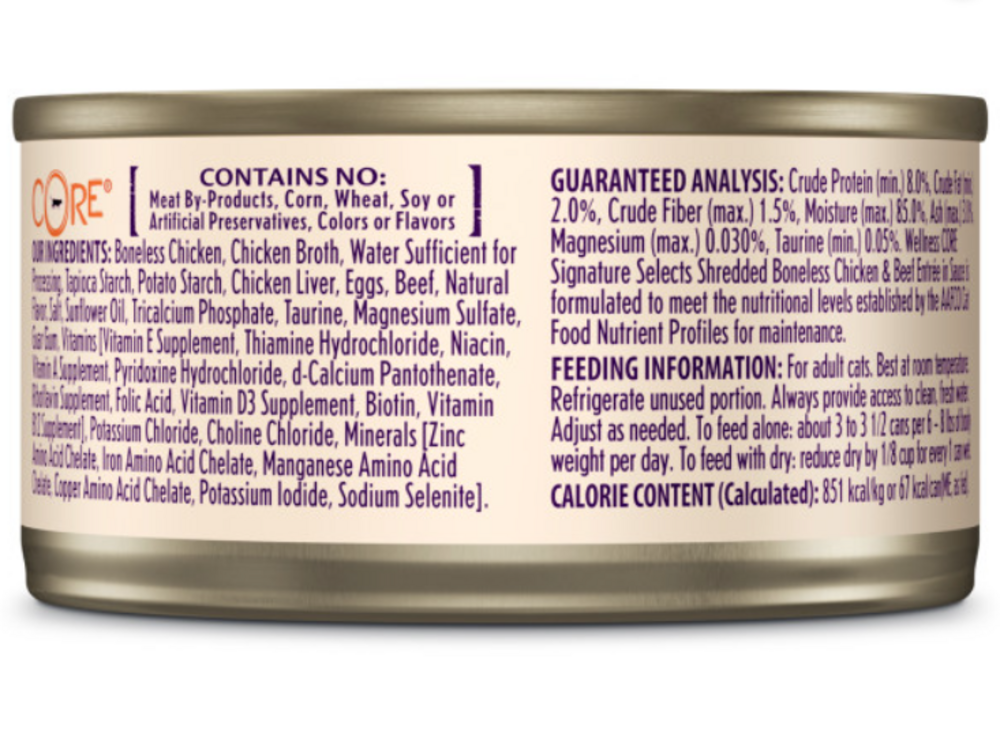 
                  
                    Wellness CORE Signature Selects Grain Free Canned Cat Food, Shredded Chicken & Beef Entree in Sauce
                  
                