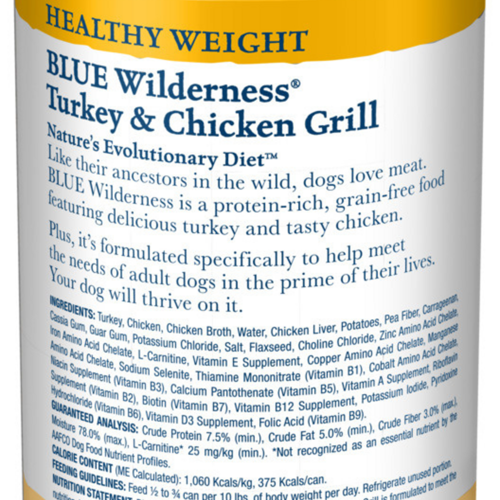 
                  
                    Blue Buffalo Wilderness Healthy Weight High-Protein Grain-Free Turkey & Chicken Grill Adult Canned Dog Food
                  
                