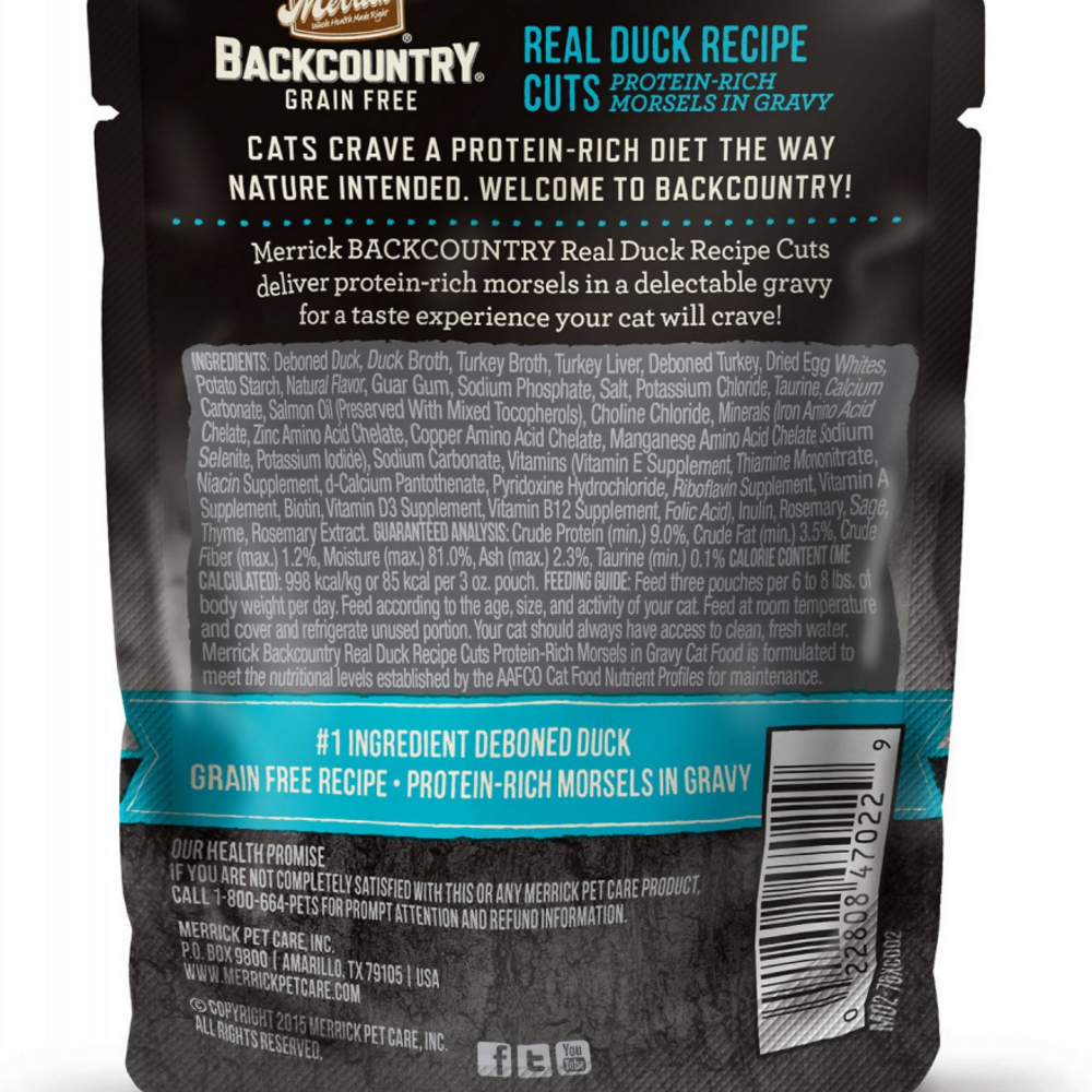 Merrick Backcountry Grain Free Gluten Free Premium High Protein Wet Cat Food, Duck Recipe Cuts With Gravy