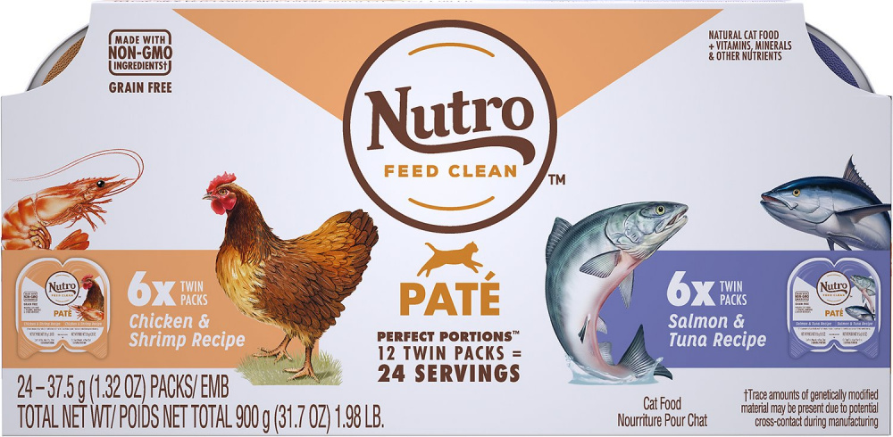 
                  
                    Nutro Perfect Portions Grain Free Salmon & Tuna and Chicken & Shrimp Pate Wet Cat Food Tray Variety Pack
                  
                