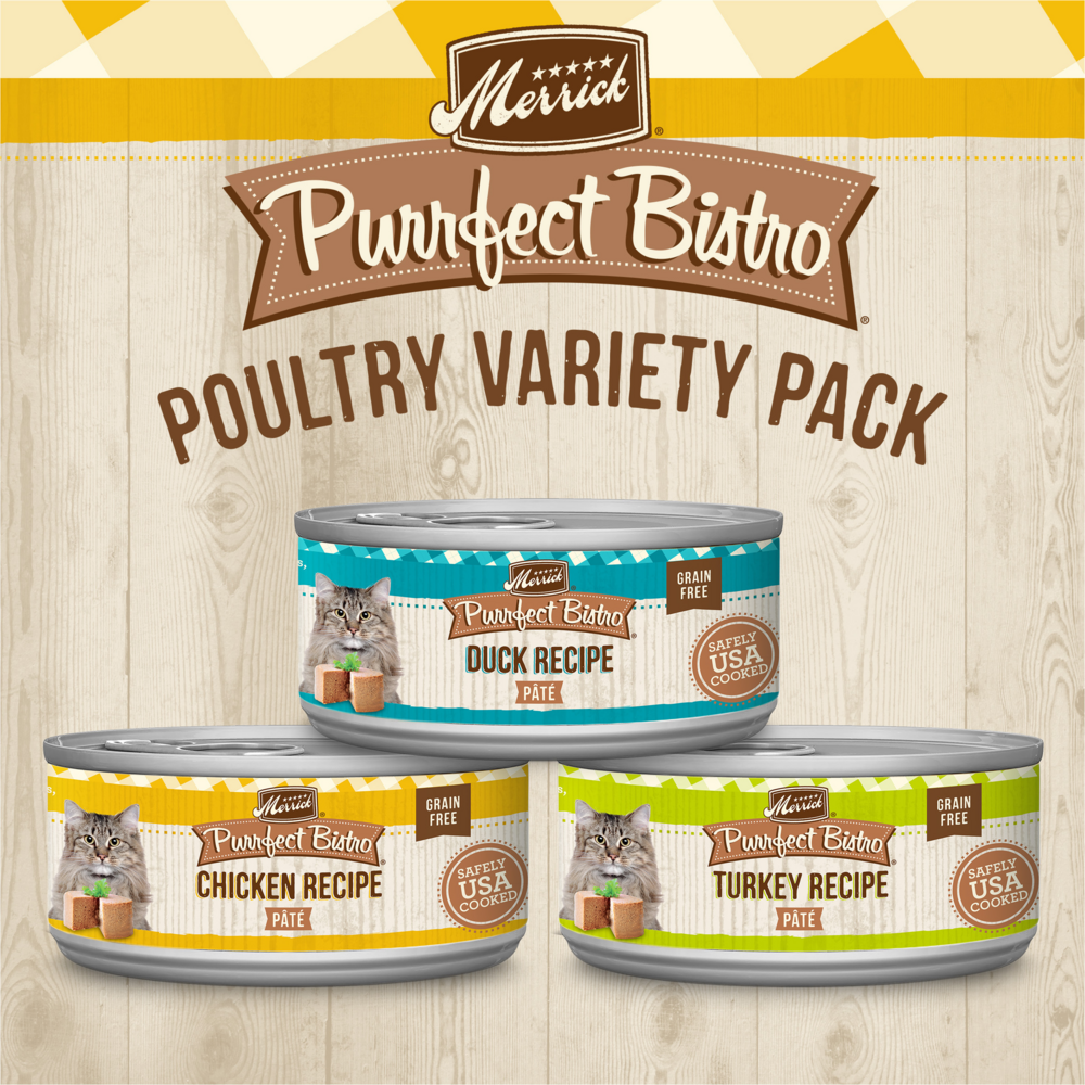 
                  
                    Merrick Purrfect Bistro Grain Free Premium Canned Pate Adult Wet Cat Food, Variety Pack, Chicken, Duck, Turkey
                  
                