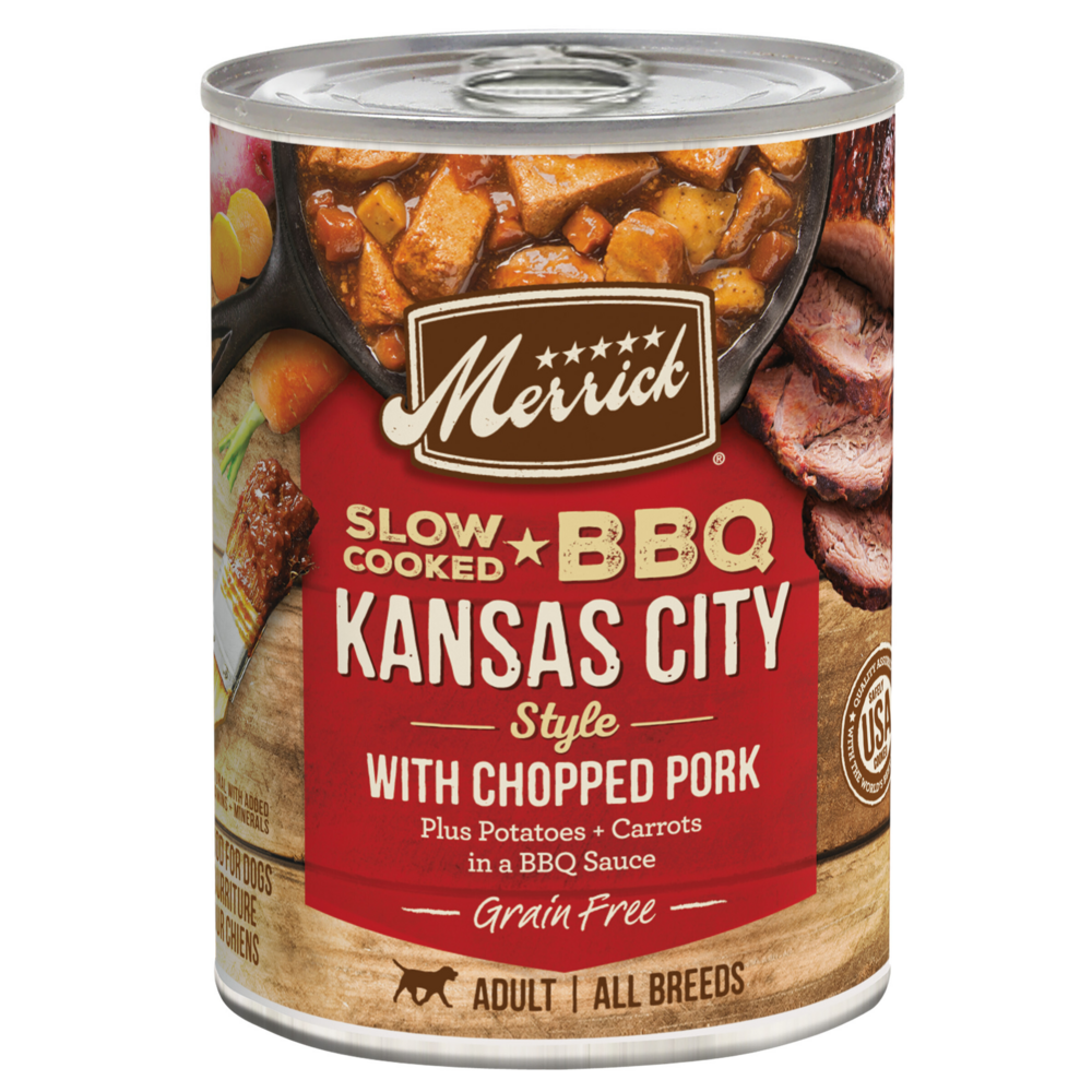 
                  
                    Merrick Wet Dog Food Slow-Cooked BBQ Kansas City Style with Chopped Pork Grain Free Canned Dog Food
                  
                