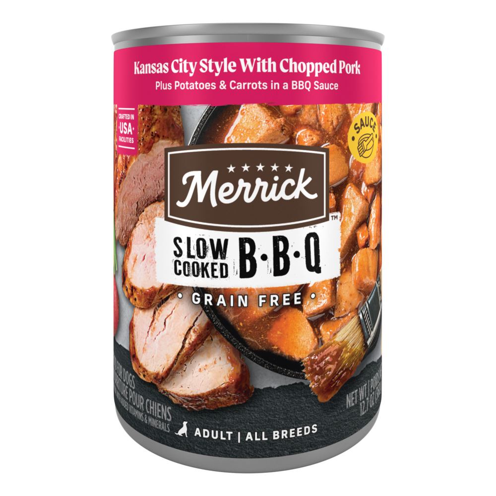 Merrick Wet Dog Food Slow-Cooked BBQ Kansas City Style with Chopped Pork Grain Free Canned Dog Food