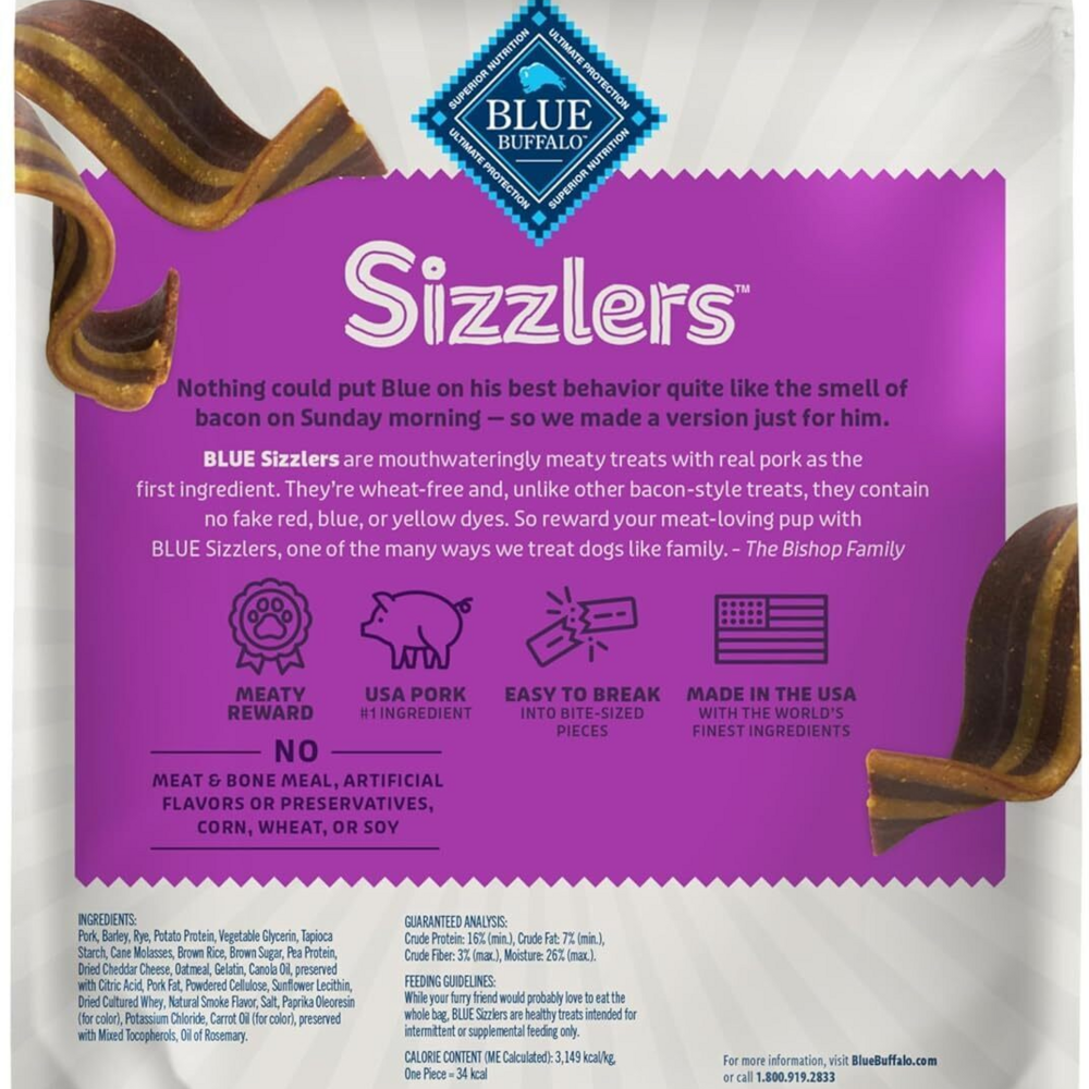 Blue Buffalo Sizzlers Natural Soft Dog Treats, Bacon-Style Soft-Moist Dog Treats with Real USA Pork, Original Flavor