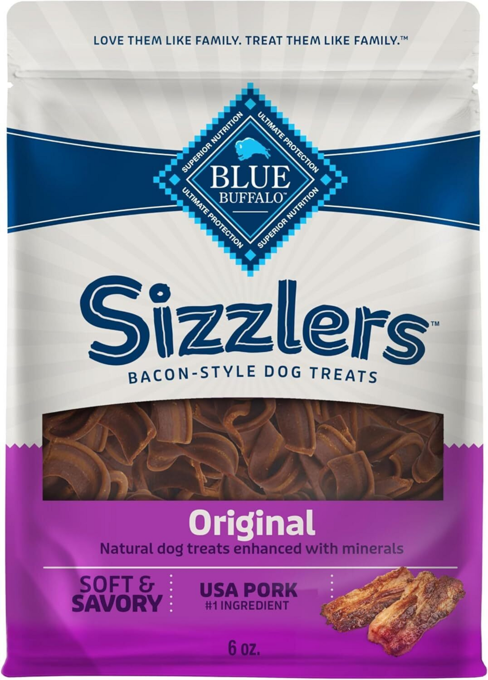 Blue Buffalo Sizzlers Natural Soft Dog Treats, Bacon-Style Soft-Moist Dog Treats with Real USA Pork, Original Flavor