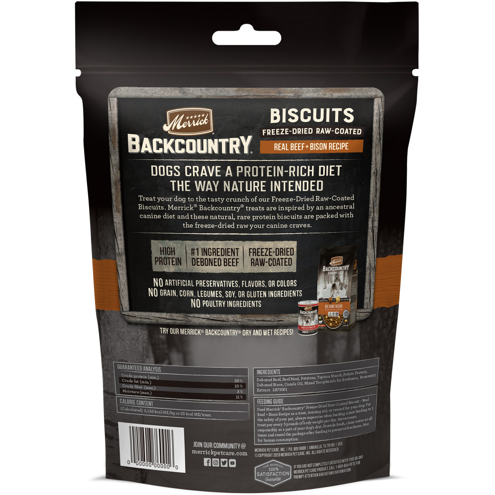 
                  
                    Merrick Backcountry Grain Free Beef & Bison Recipe Freeze Dried Raw Coated Biscuit Dog Treats
                  
                