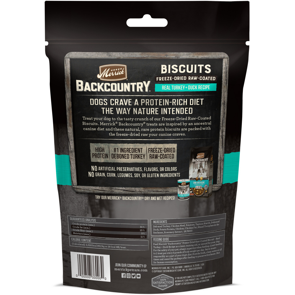 
                  
                    Merrick Backcountry Grain Free Turkey & Duck Recipe Freeze Dried Raw Coated Biscuit Dog Treats
                  
                