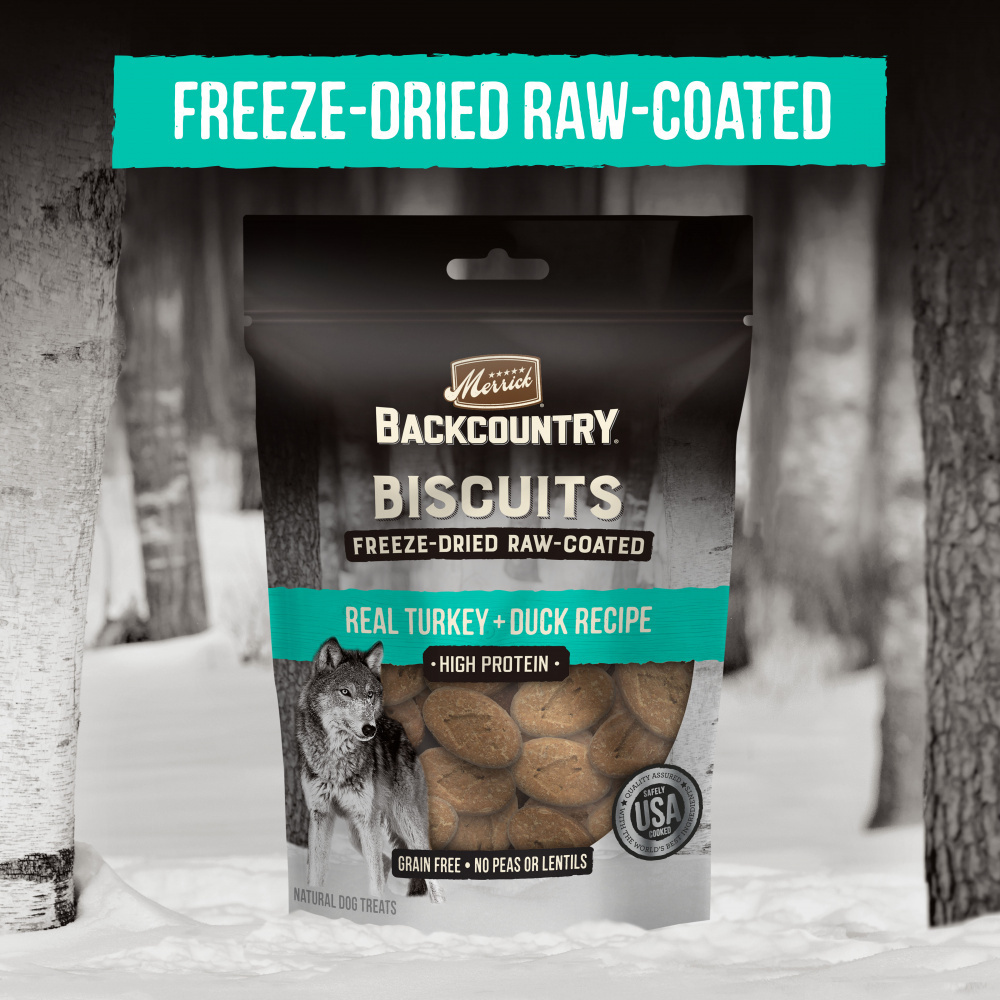 
                  
                    Merrick Backcountry Grain Free Turkey & Duck Recipe Freeze Dried Raw Coated Biscuit Dog Treats
                  
                