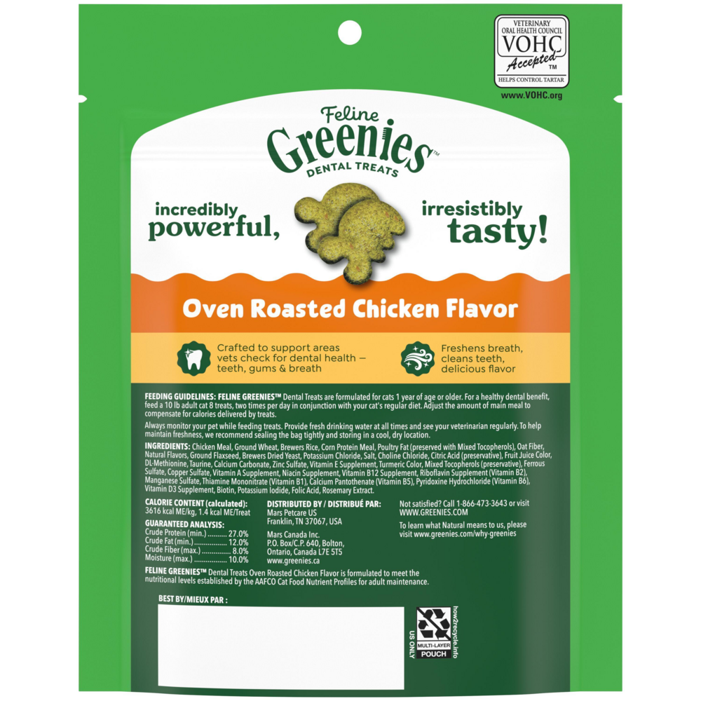 Feline Greenies Adult Natural Dental Care Oven Roasted Chicken Flavor Cat Treats