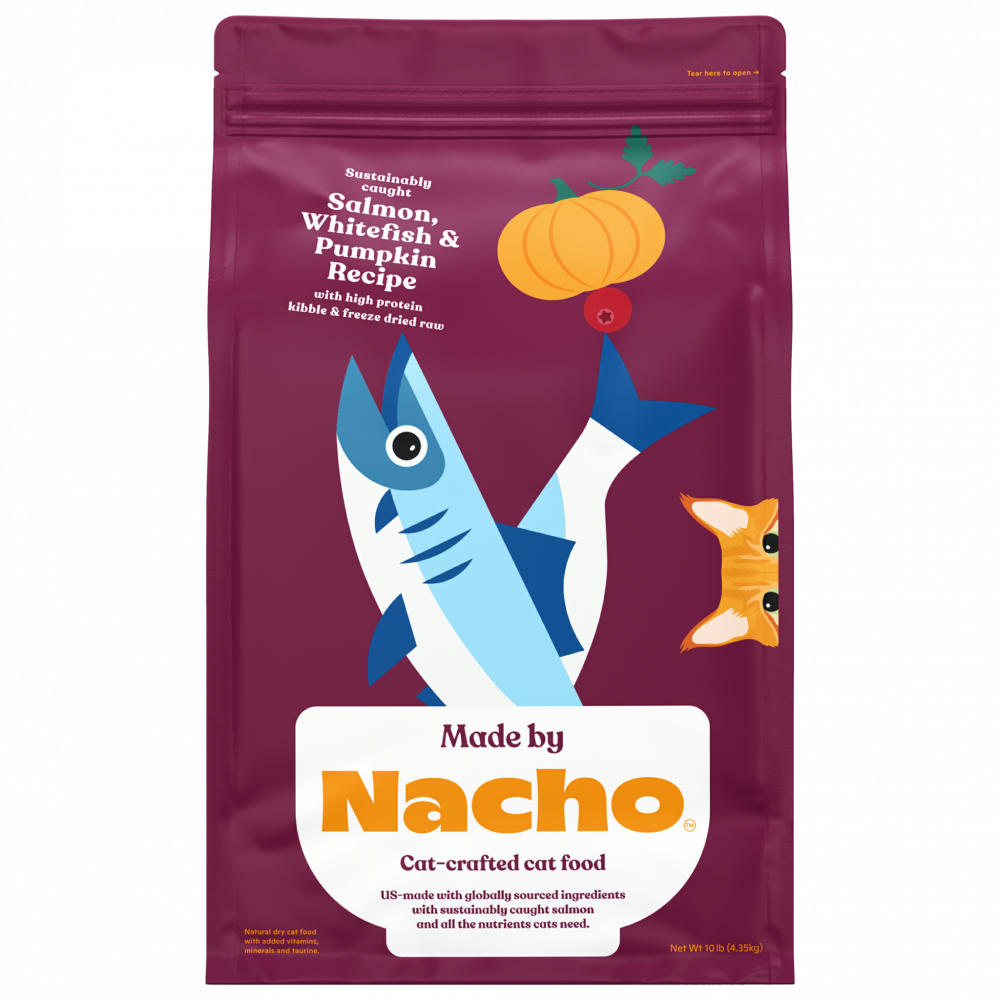 
                  
                    Made by Nacho Salmon & Whitefish & Pumpkin Kibble with Freeze Dried Raw Inclusions
                  
                