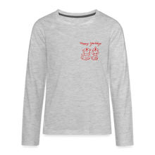 Load image into Gallery viewer, Happy Yowlidays Small Logo Kids&#39; Premium Long Sleeve T-Shirt - heather gray