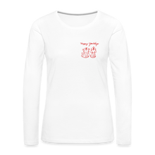 Load image into Gallery viewer, Happy Yowlidays Small Logo Contoured Premium Long Sleeve T-Shirt - white