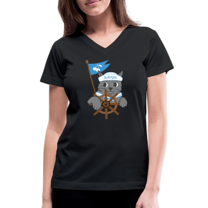 Door County Sailor Cat Contoured V-Neck T-Shirt - black