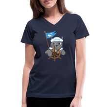 Load image into Gallery viewer, Door County Sailor Cat Contoured V-Neck T-Shirt - navy