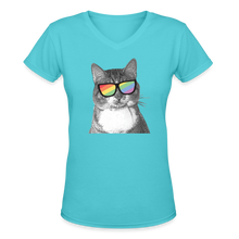 Load image into Gallery viewer, Pride Cat Contoured V-Neck T-Shirt - aqua