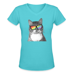 Pride Cat Contoured V-Neck T-Shirt - aqua