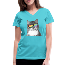 Load image into Gallery viewer, Pride Cat Contoured V-Neck T-Shirt - aqua