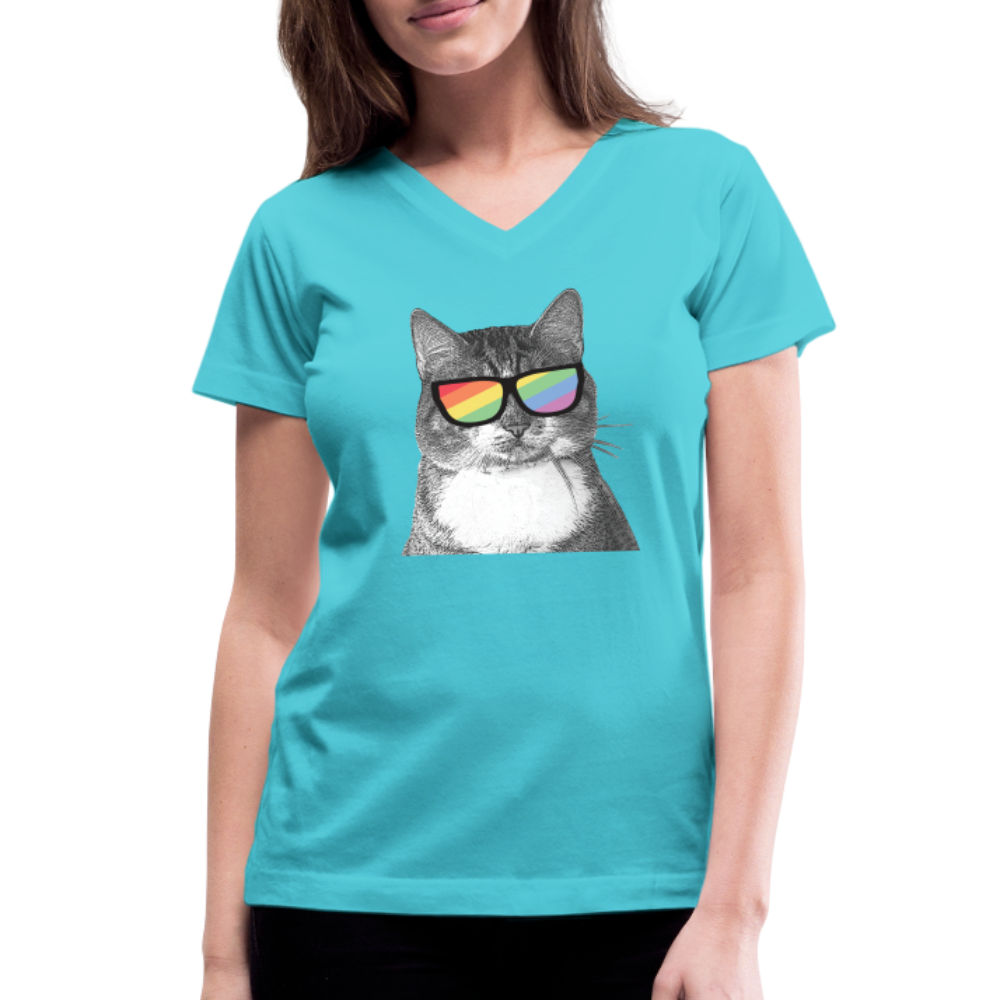 Pride Cat Contoured V-Neck T-Shirt - aqua